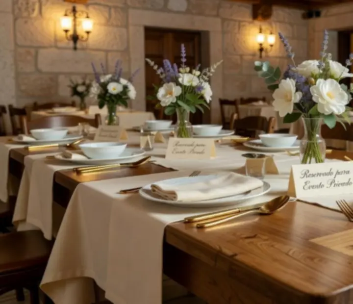 Mesa elegantemente decorada para um evento no Garfo & Baralho.