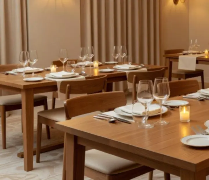 Sala de restaurante com mesas de madeira natural e iluminação suave, preparada para uma noite de póquer.