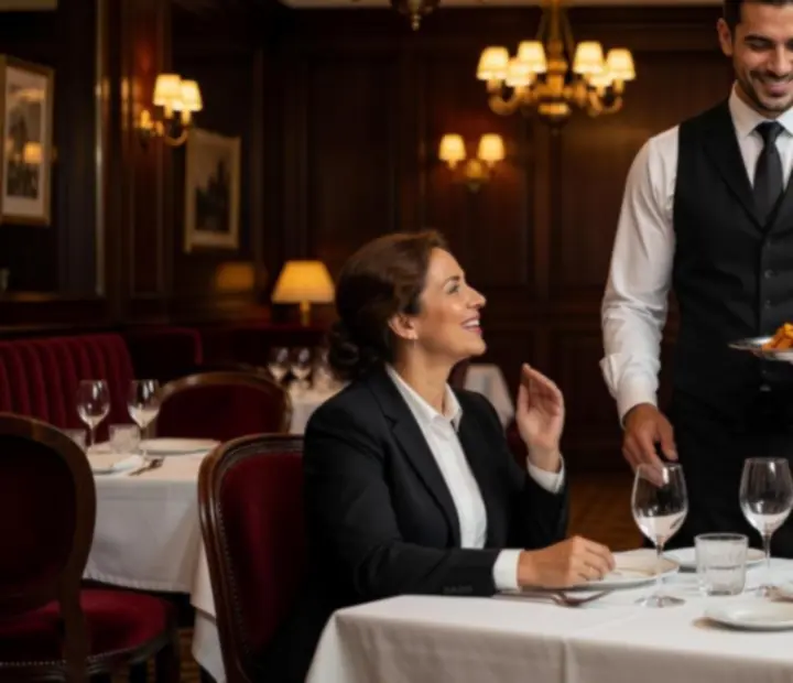 Colaborador do restaurante a atender os clientes com um sorriso.