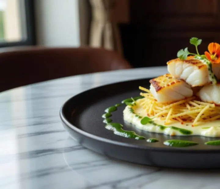Prato de gastronomia portuguesa contemporânea com empratamento elegante.