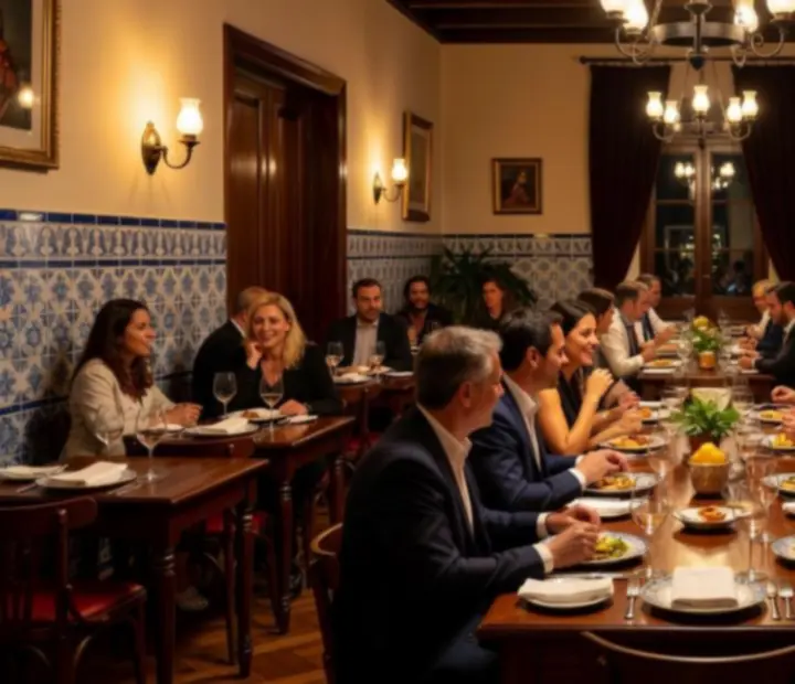 Ambiente gourmet do restaurante com mesas elegantes e iluminação suave.