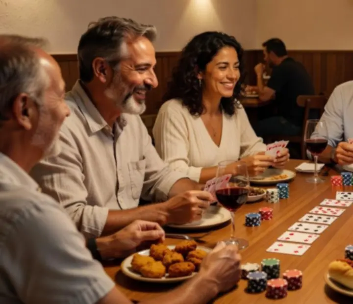 Montagem de fotografias de noites de póquer recreativo com convidados a sorrir e a brindar.