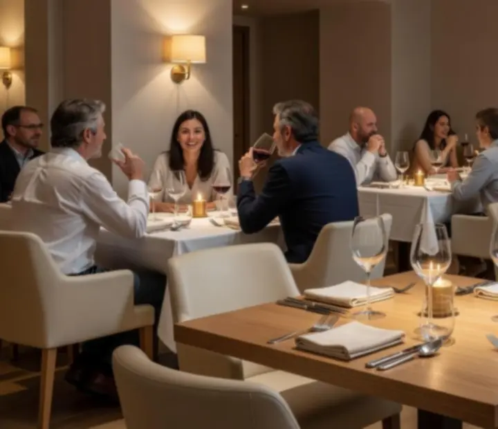 Salão principal do restaurante Garfo & Baralho com decoração clássica e elegante.
