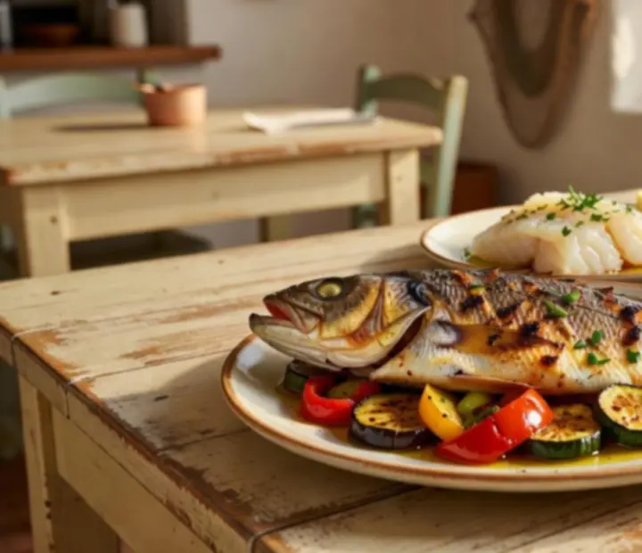 Pratos de peixe com bacalhau, robalo e polvo em apresentação contemporânea