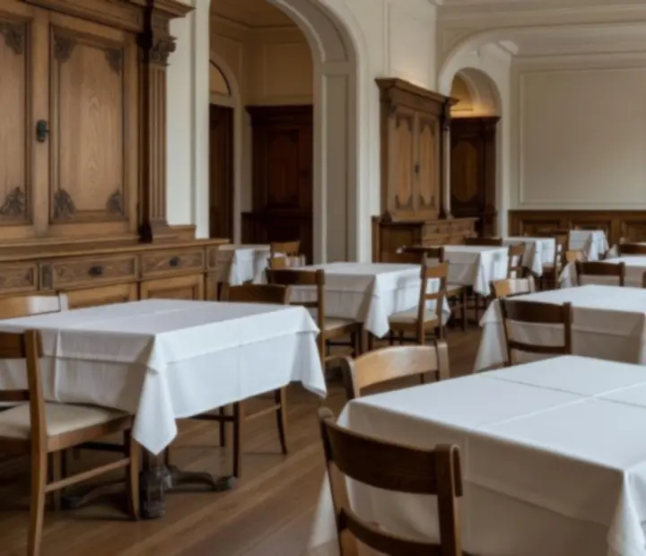 Sala de jantar elegante no interior do restaurante, com mesas em madeira e iluminação suave.